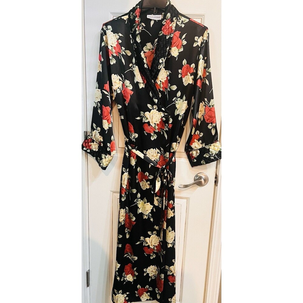 Vintage Bali Studio Collection Floral Satin Robe Belted Quilted Shawl Collar M/L